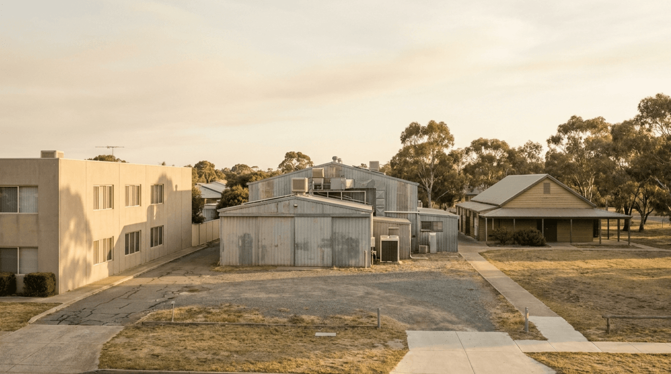 An office block, a specialised industrial shed and a purpose-built community hall in one frame — three very different assets measured by one standard