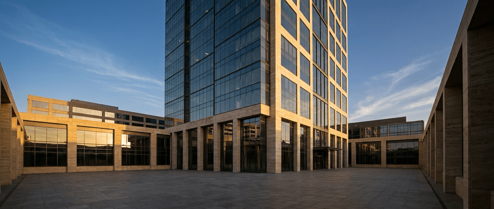 Australian commercial office building held as an investment property, viewed from street level at dusk