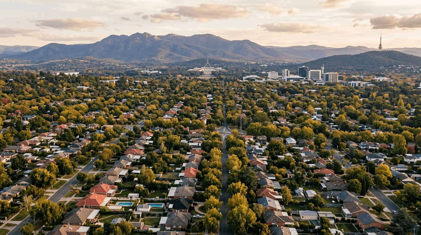 Aerial view over established Canberra suburbs at golden hour with the Brindabella ranges behind — ACT Budget 2026-27 rates and stamp duty