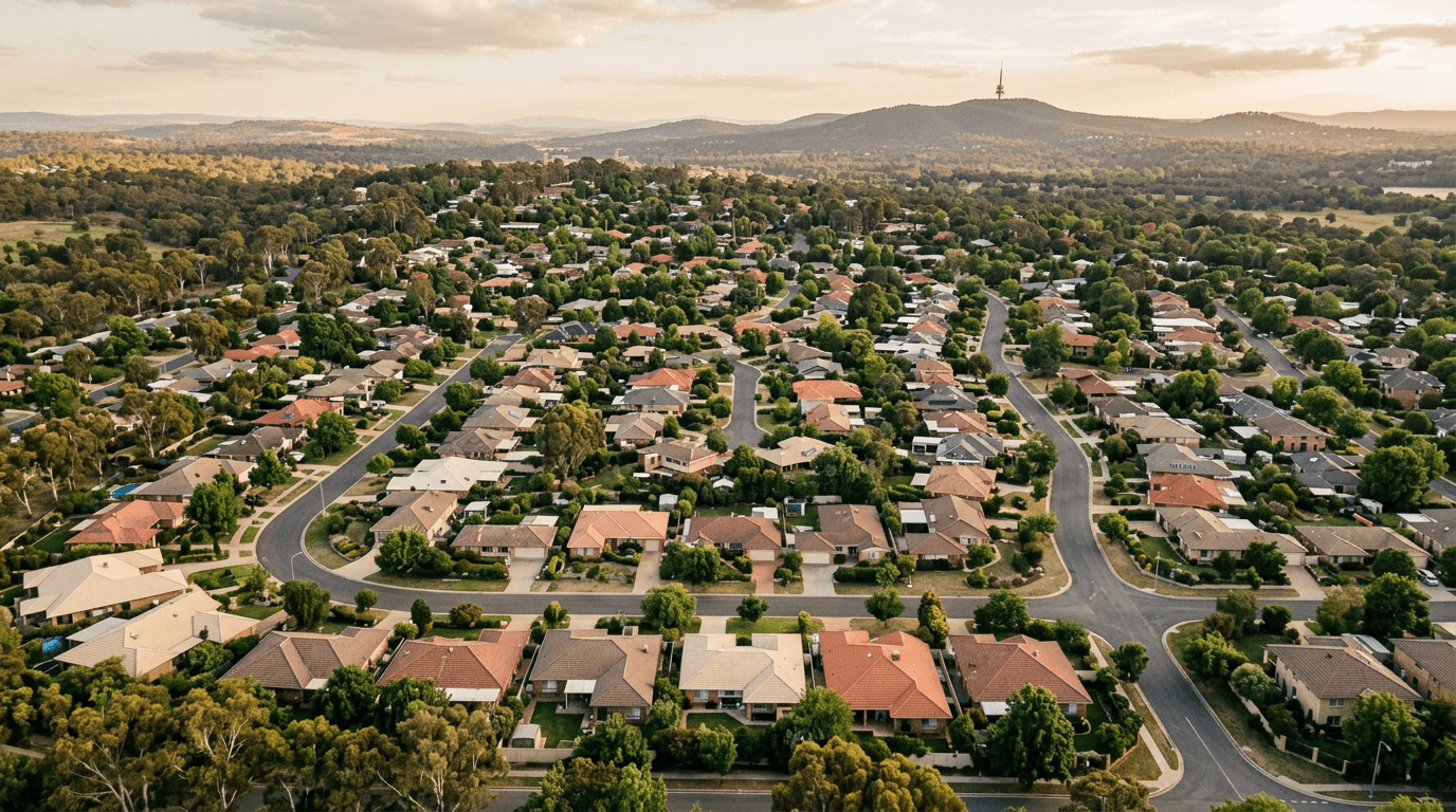 Elevated view over an established Canberra residential neighbourhood — ACT land valuation and rates