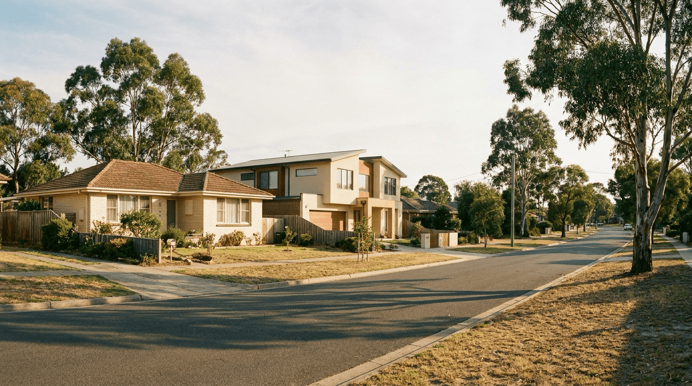 Australian suburban street where a 1970s brick home stands beside a newly built house, evoking decades of change