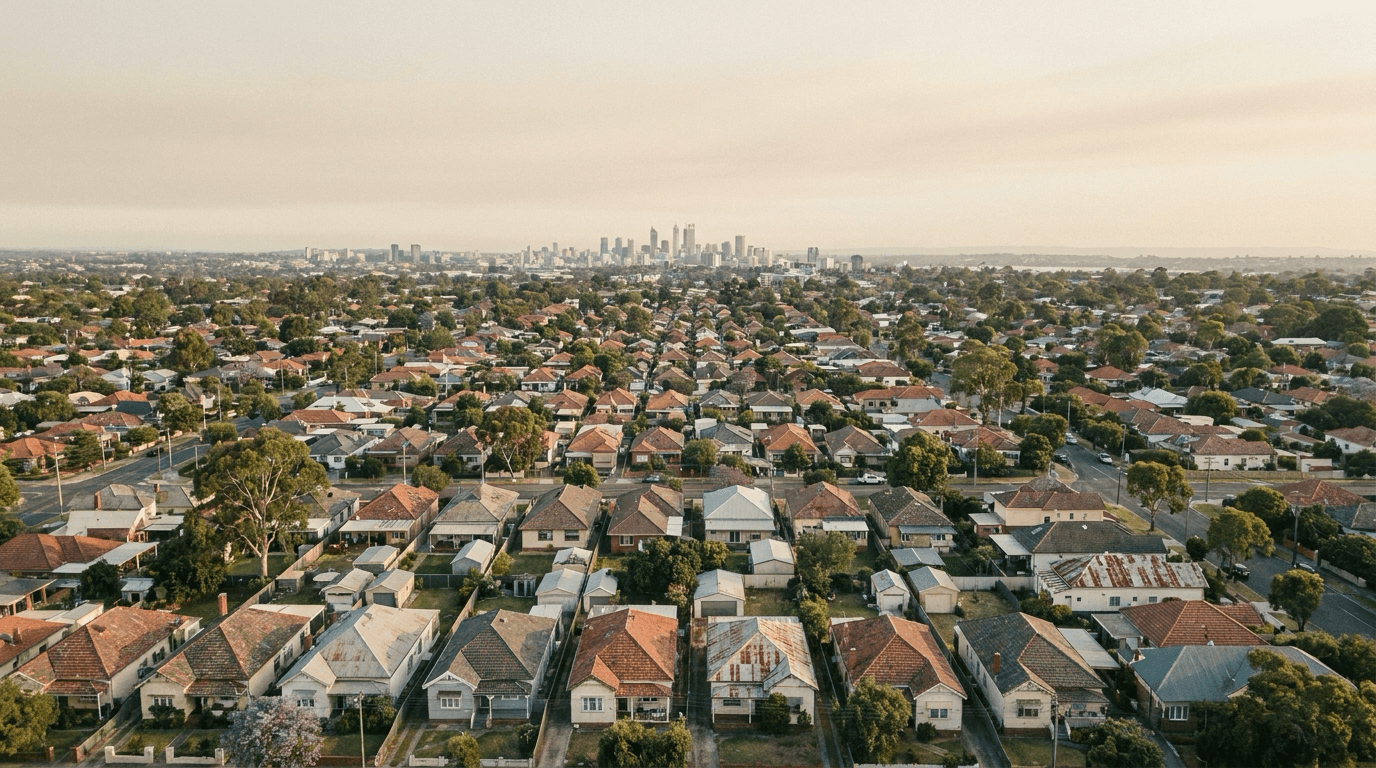 Wide editorial aerial view of an established Australian residential suburb evoking property data at scale