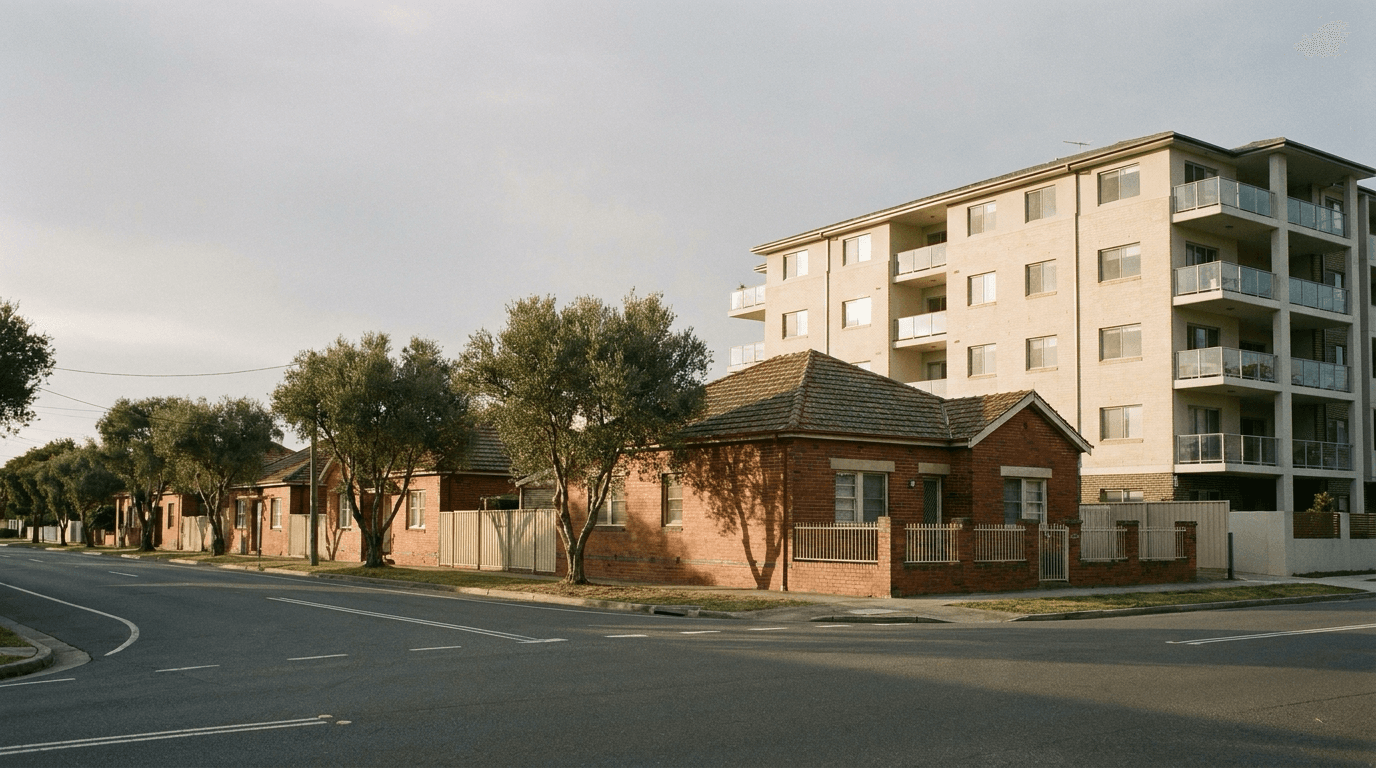An inner-suburban Australian street where a row of single-storey brick houses meets a six-storey render-and-glass apartment block at a shared boundary