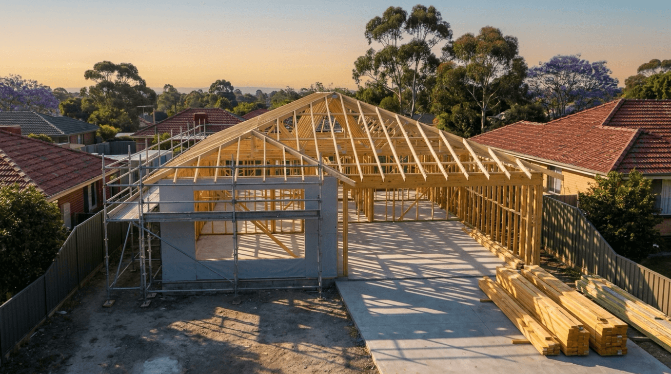 An Australian suburban house at frame stage on a concrete slab, roof trusses and scaffolding lit by late afternoon sun, established tile-roofed neighbours either side