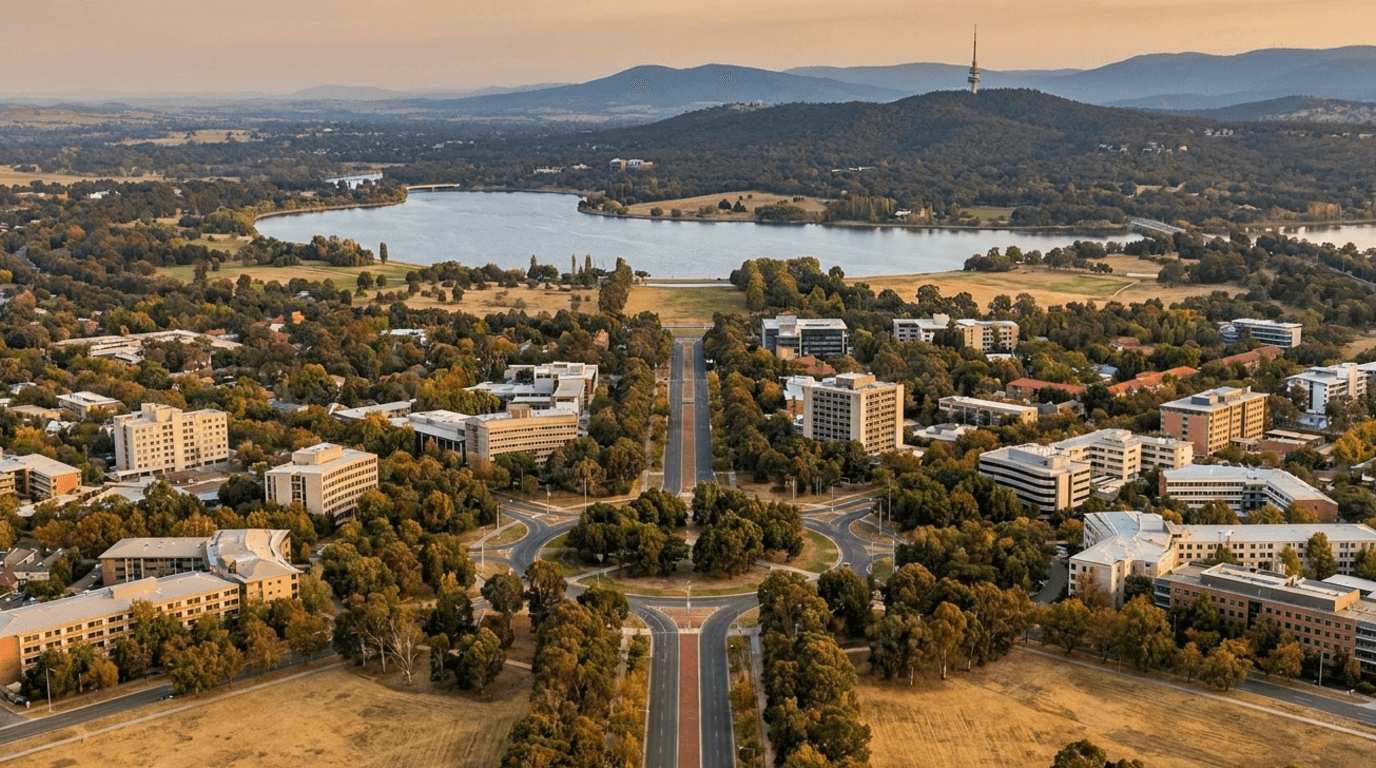 Elevated view over Canberra at golden hour — the ceremonial axis and radial boulevards among mature trees, Lake Burley Griffin and Black Mountain beyond