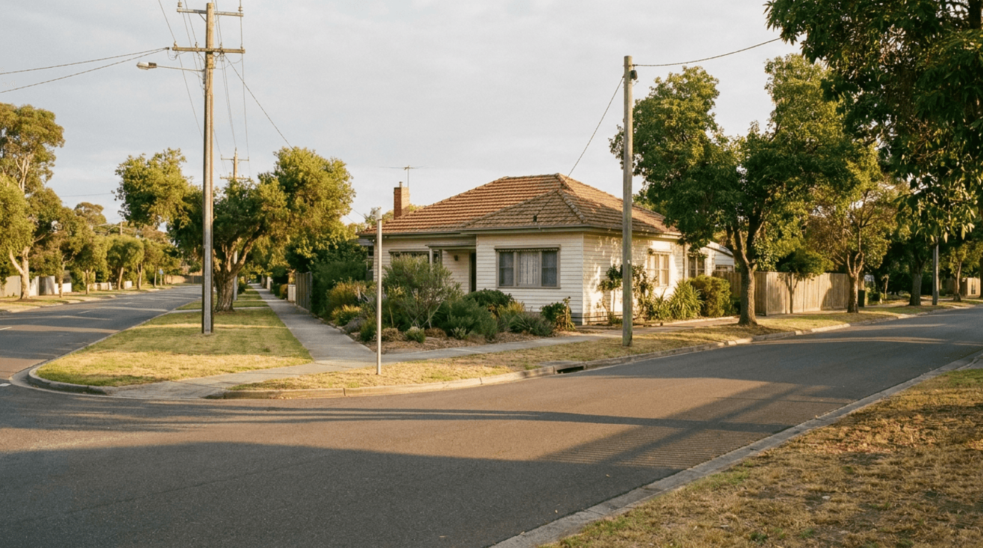 Australian weatherboard house on a suburban corner block in late golden light — one property, several official values