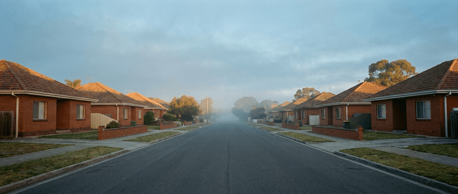 Empty suburban Australian street at first light, rows of houses receding into the distance