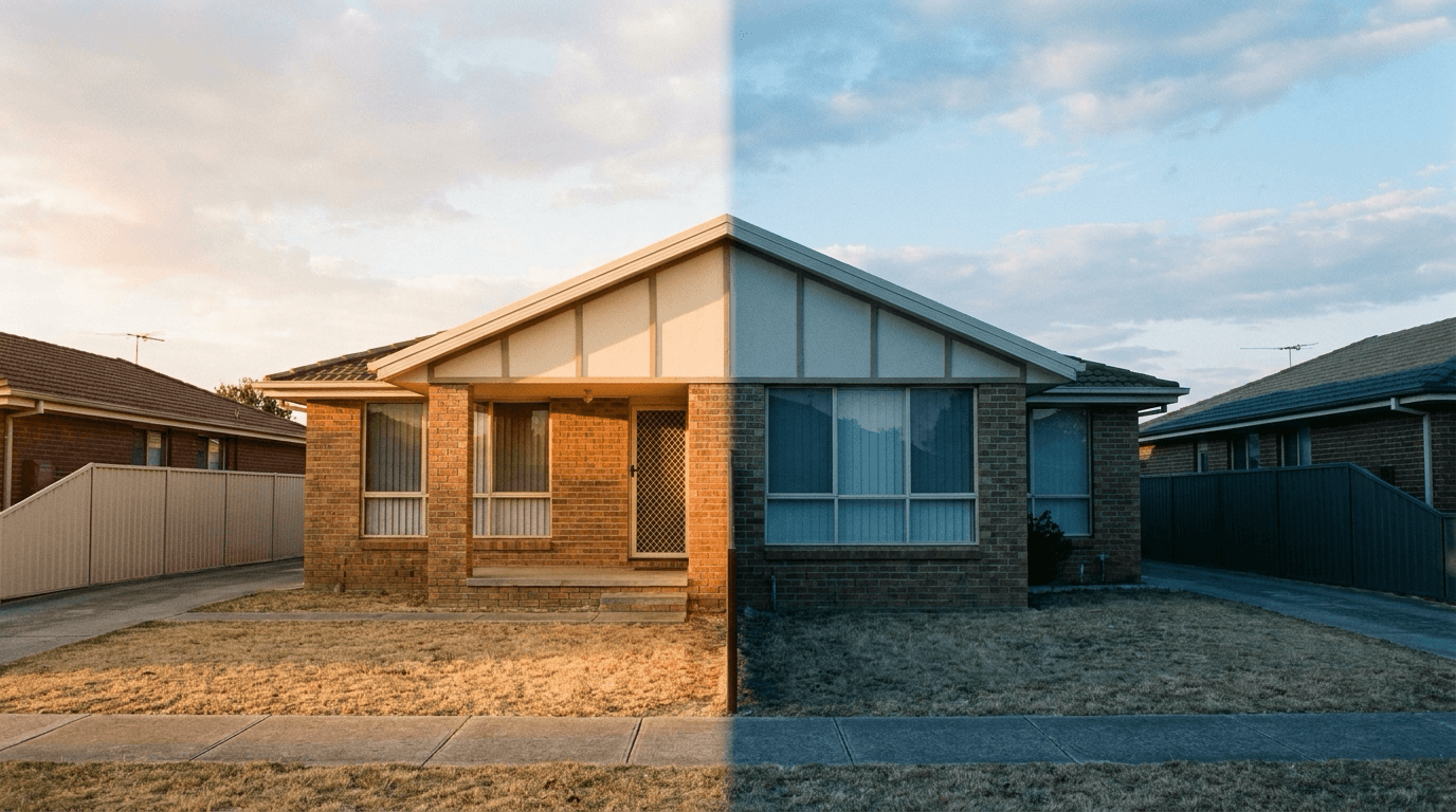 Australian brick home divided by a sharp shadow line, half in warm light and half in cool shade — a visual metaphor for the 1 July 2027 CGT apportionment boundary