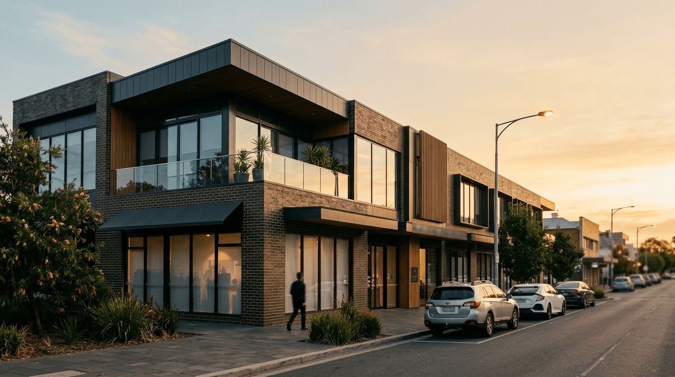 A modern Australian commercial and retail building on a city street at golden hour — commercial rent review and market rent valuation