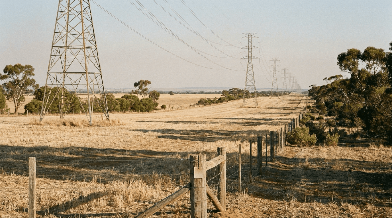 A high-voltage transmission easement cutting a cleared corridor through dry Australian farmland, steel lattice towers receding to the horizon past a post-and-wire boundary fence