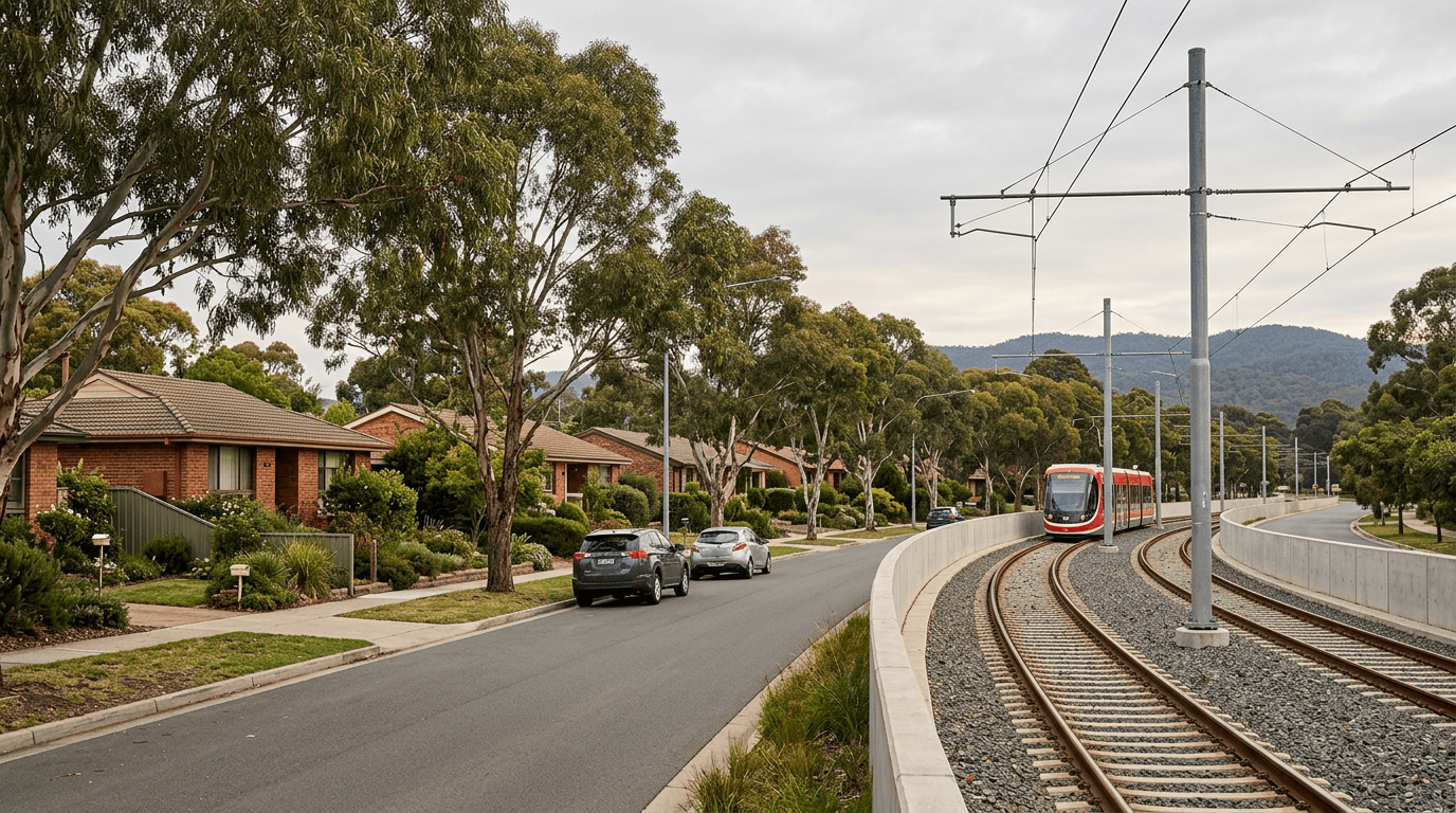 An established Canberra residential street running alongside a light rail corridor — ACT compulsory acquisition and just-terms compensation