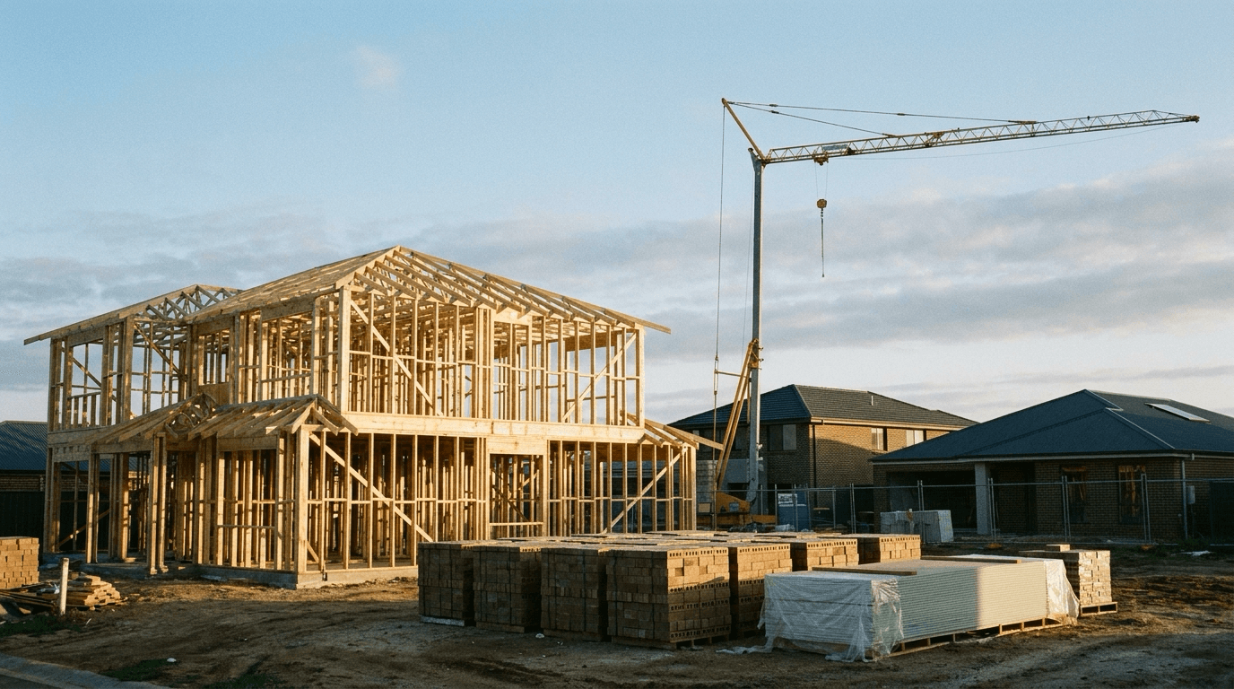 Australian suburban construction site at frame stage in early morning light, bricks and plasterboard stacked in the foreground