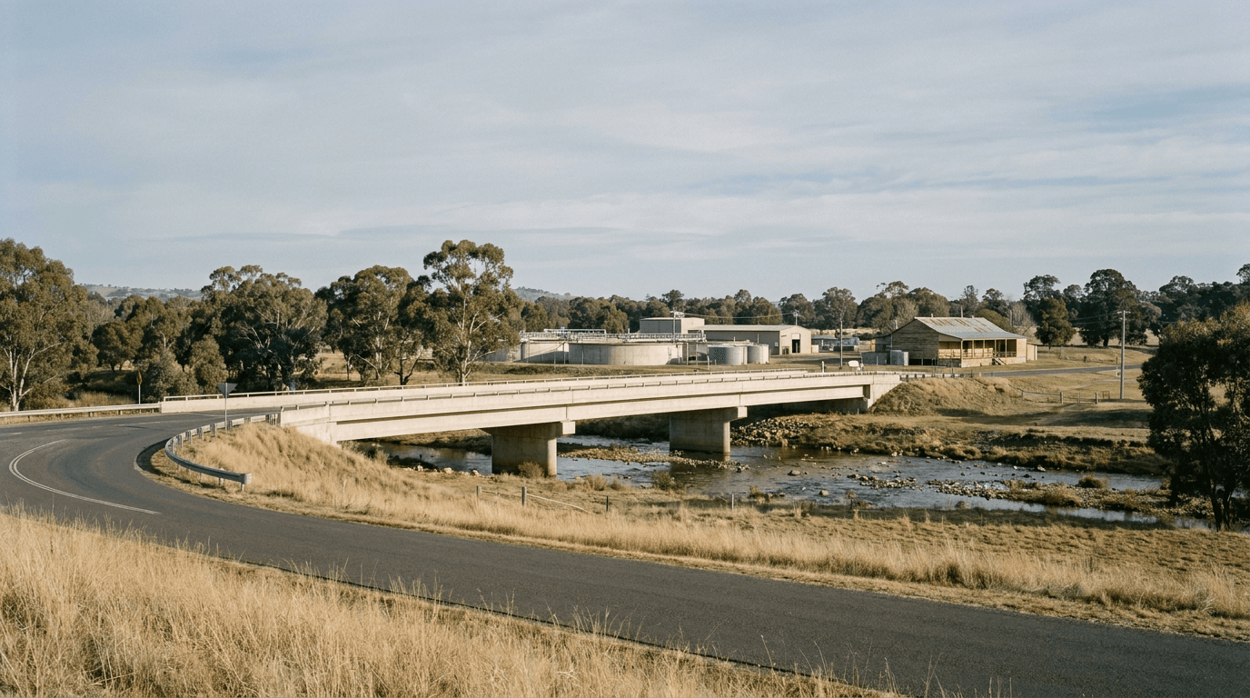 Australian regional civic infrastructure — road bridge, water treatment works and community pavilion in morning light