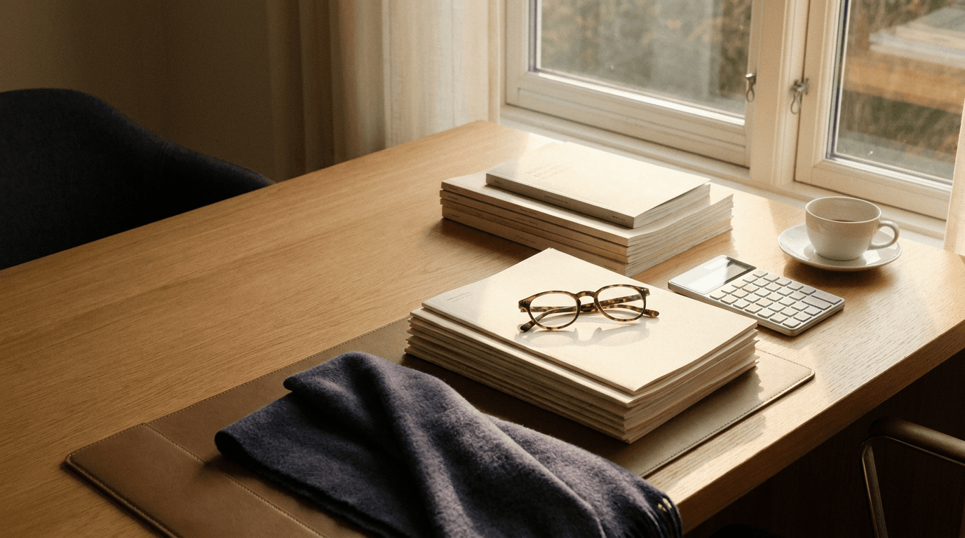 Organised year-end property and financial documents on a warm timber desk in soft Australian light — EOFY valuation planning before 30 June