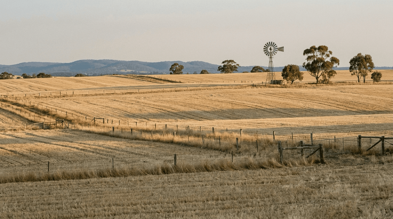 Rolling Australian wheat and grazing paddocks at first light with a windmill and scattered gum trees