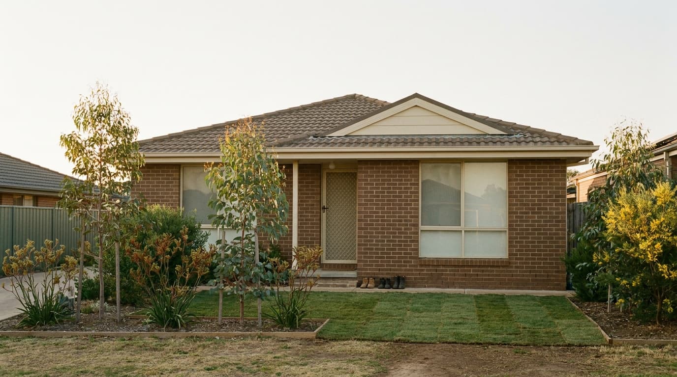 Young Australian couple’s first suburban home at golden hour — evoking first home buyer journey across states