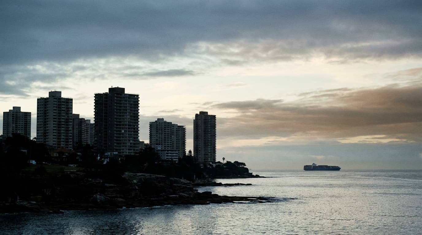 Australian harbourside high-rise residential silhouette at dawn evoking foreign property investment