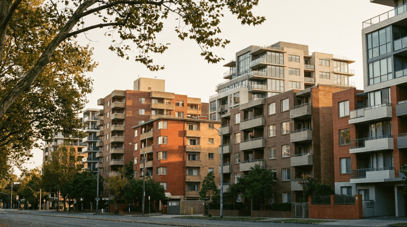 Cluster of mid-rise apartment buildings on a leafy inner-Melbourne street in warm afternoon light