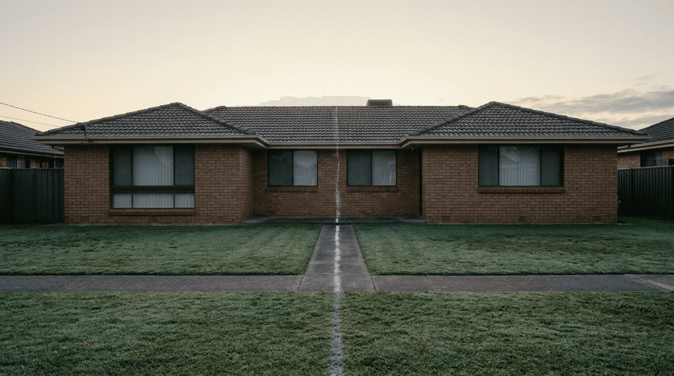 An Australian suburban home at dawn with a faint pale line down the centre of the lawn, suggesting division without conflict