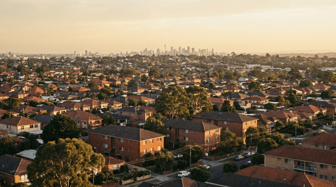 Golden-hour aerial view over hundreds of Australian rooftops receding to a hazy capital-city skyline