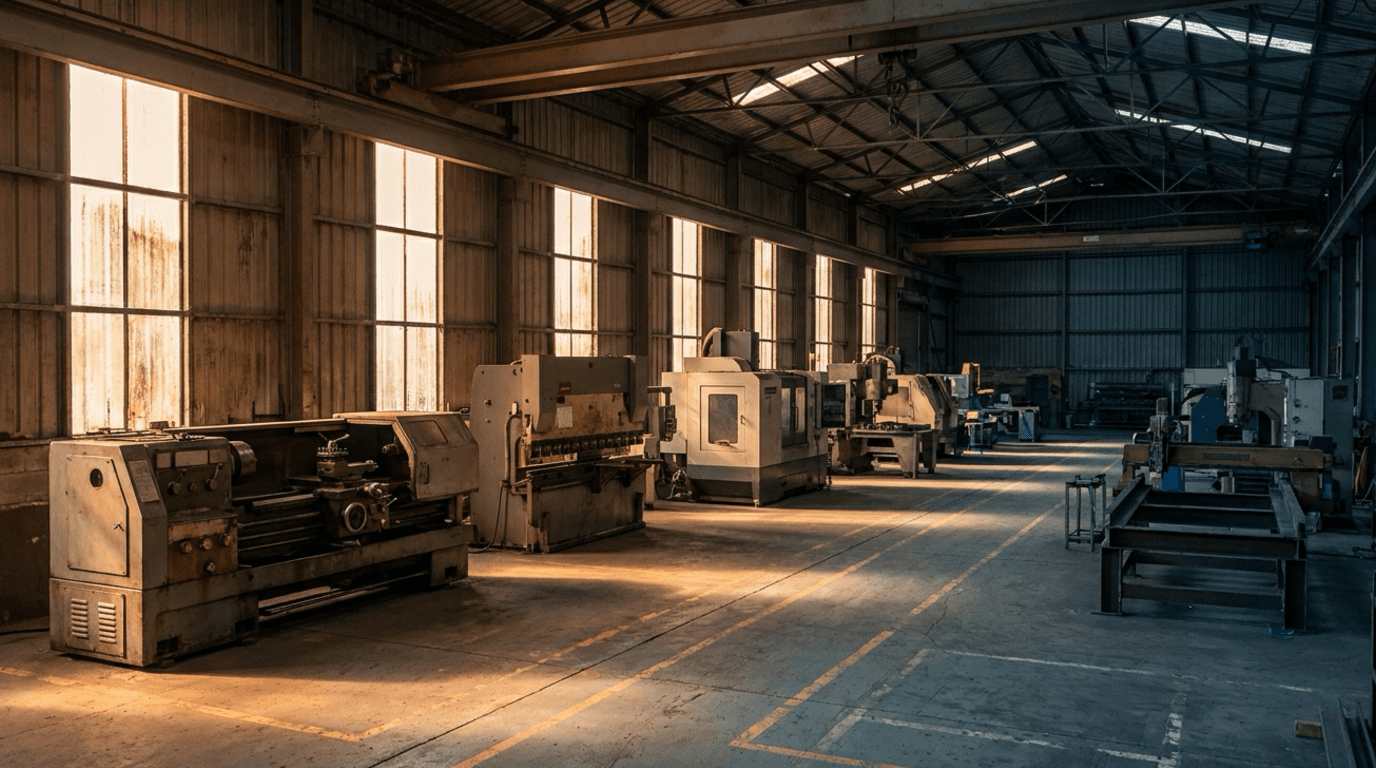 Interior of an Australian industrial workshop at late afternoon — a lathe, press brake and CNC machining centre in a row on a concrete floor, gantry crane rail overhead, low sun through tall windows