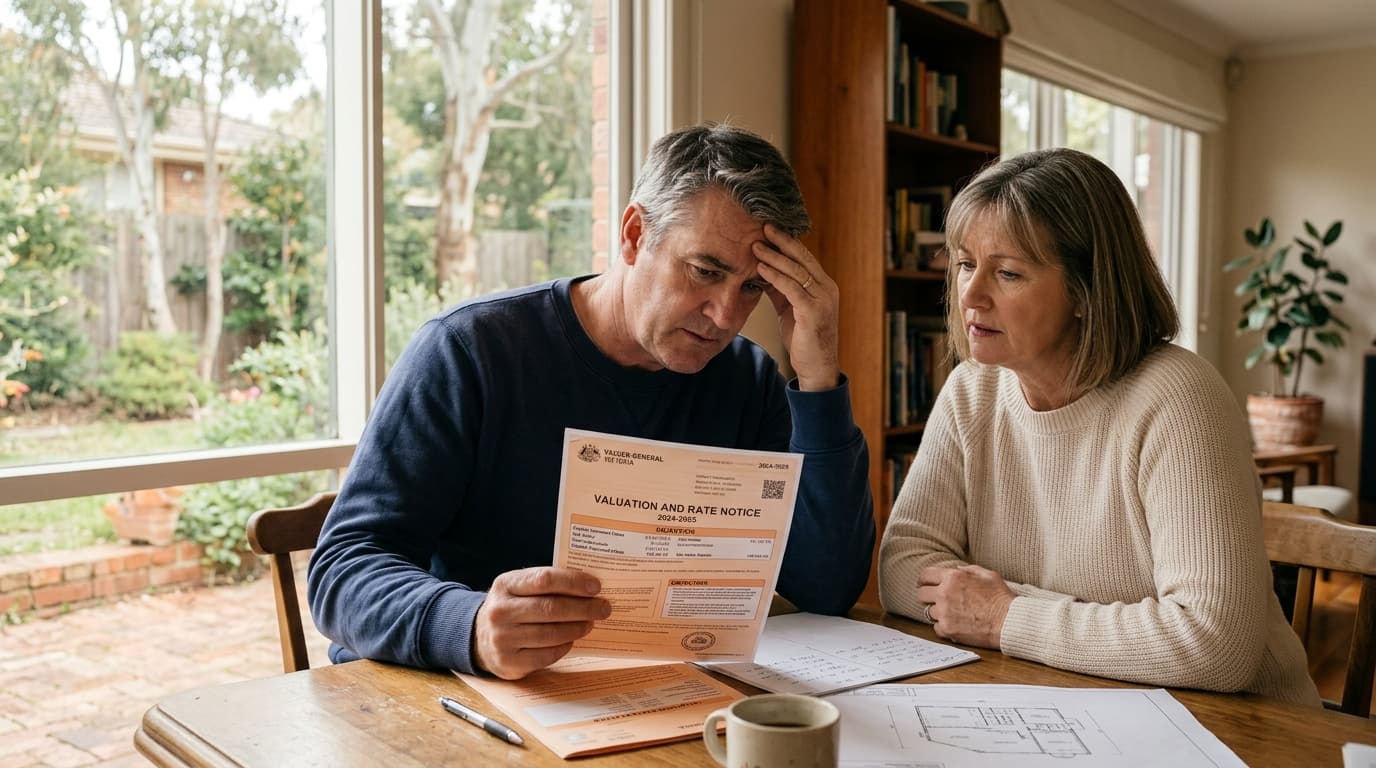 Australian couple reviewing a Valuer-General rate and valuation notice at home