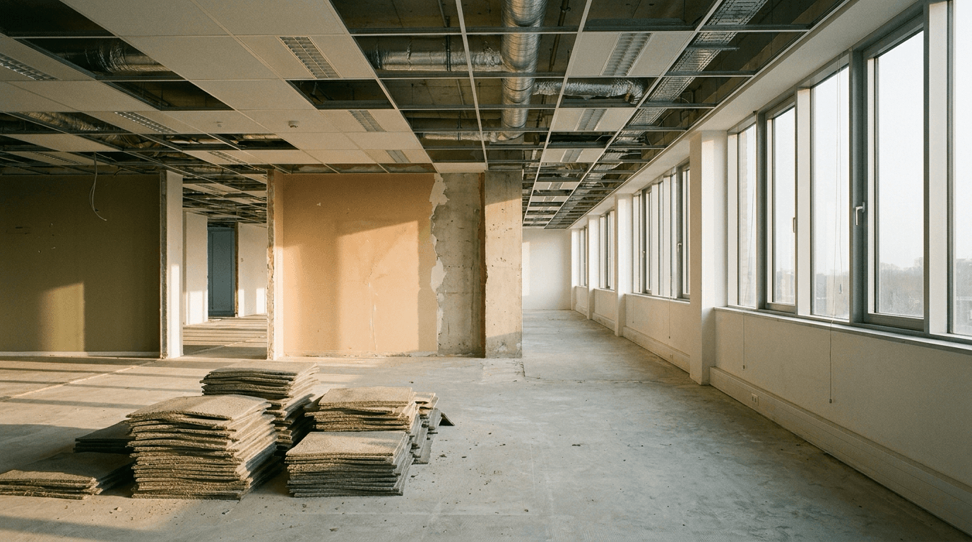 A vacated open-plan office mid strip-out, carpet tiles stacked on bare slab, ceiling grid opened to expose ducting, one partition half demolished