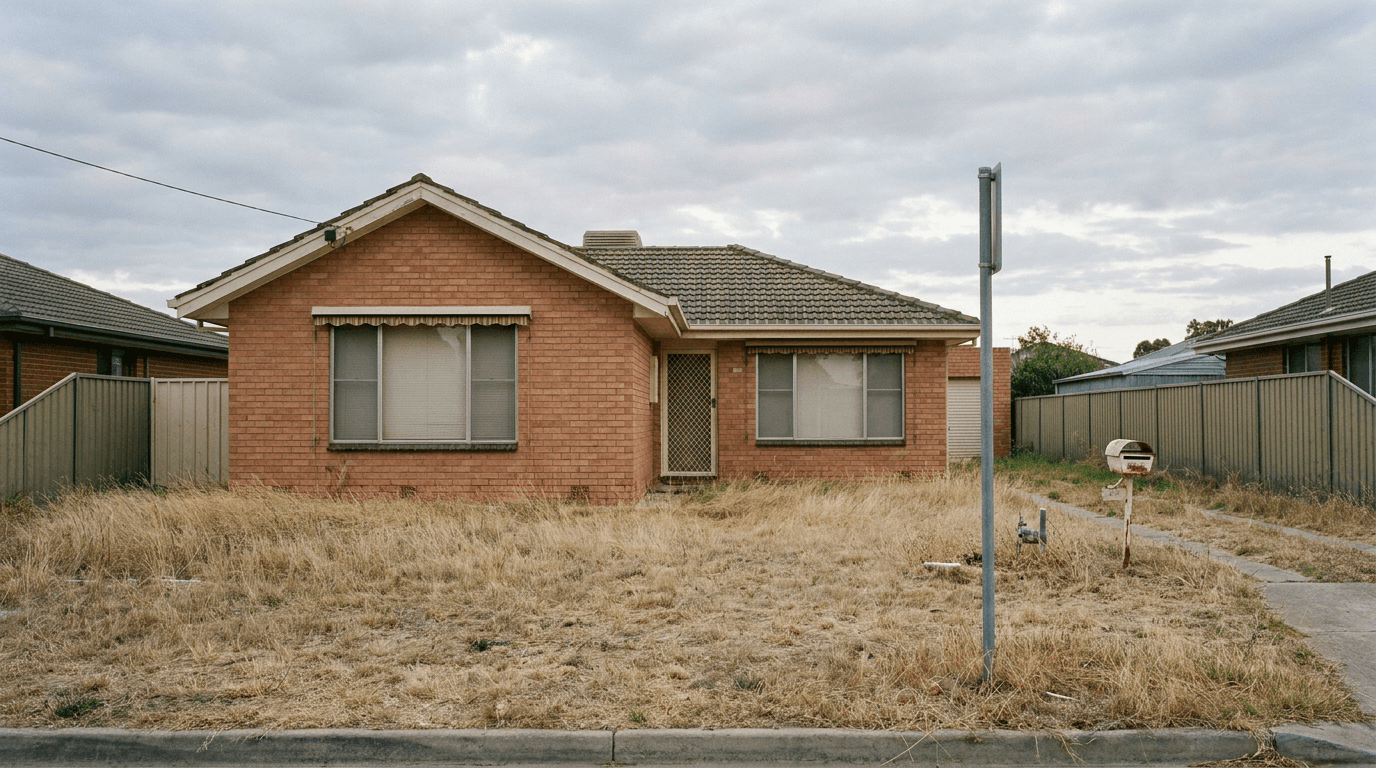 A vacant suburban Australian brick house seen from the street, blinds drawn, lawn gone to seed, a bare metal post at the kerb where a sign once hung