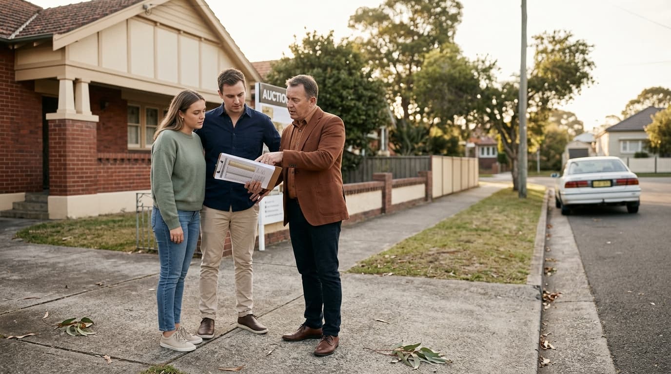 Buyers reviewing a pre-purchase valuation report with a valuer outside an Australian home with an auction sign
