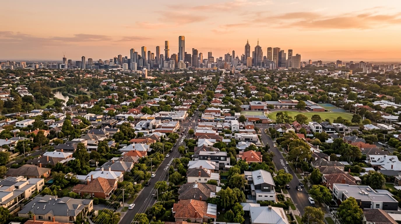 Aerial view over Australian suburbs and a distant capital-city skyline at golden hour — 1 July 2026 property tax changes by state