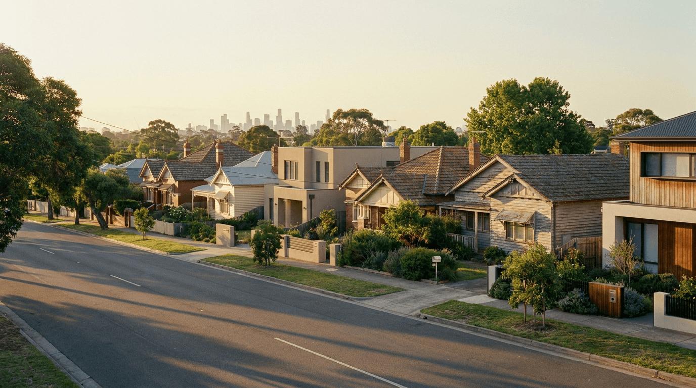 Suburban Australian street of mixed-era houses with a capital city skyline at dawn, evoking the combined property tax burden across states