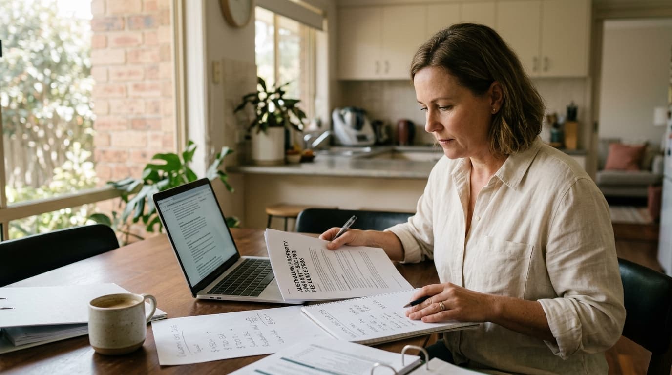 Person at home comparing valuation fee documents — researching property valuation cost in Australia 2026