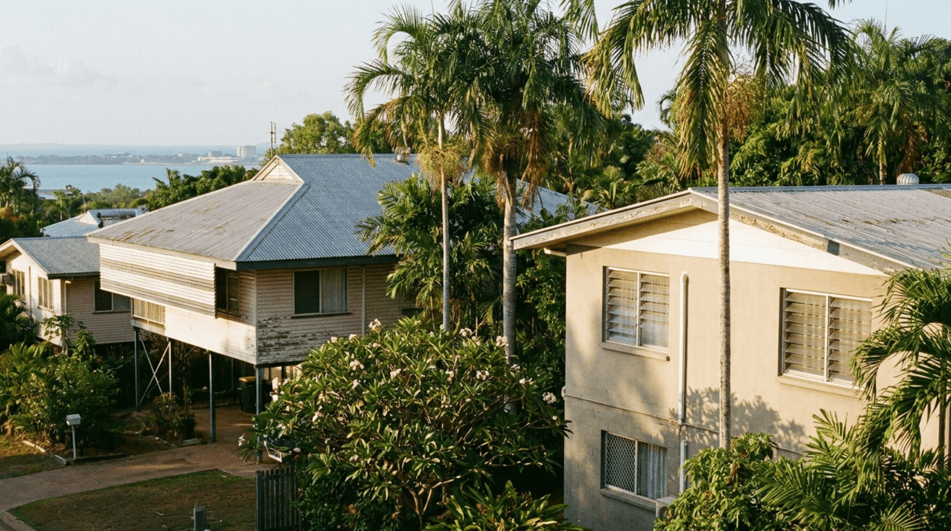 Elevated tropical homes on stilts with louvred windows and palms in a Darwin suburb, Darwin Harbour in the distance at golden hour