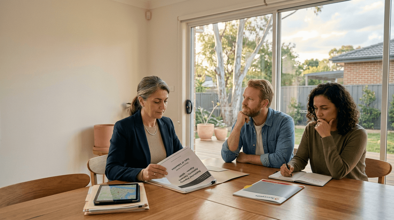Separating couple and an independent professional reviewing a property valuation for a divorce settlement