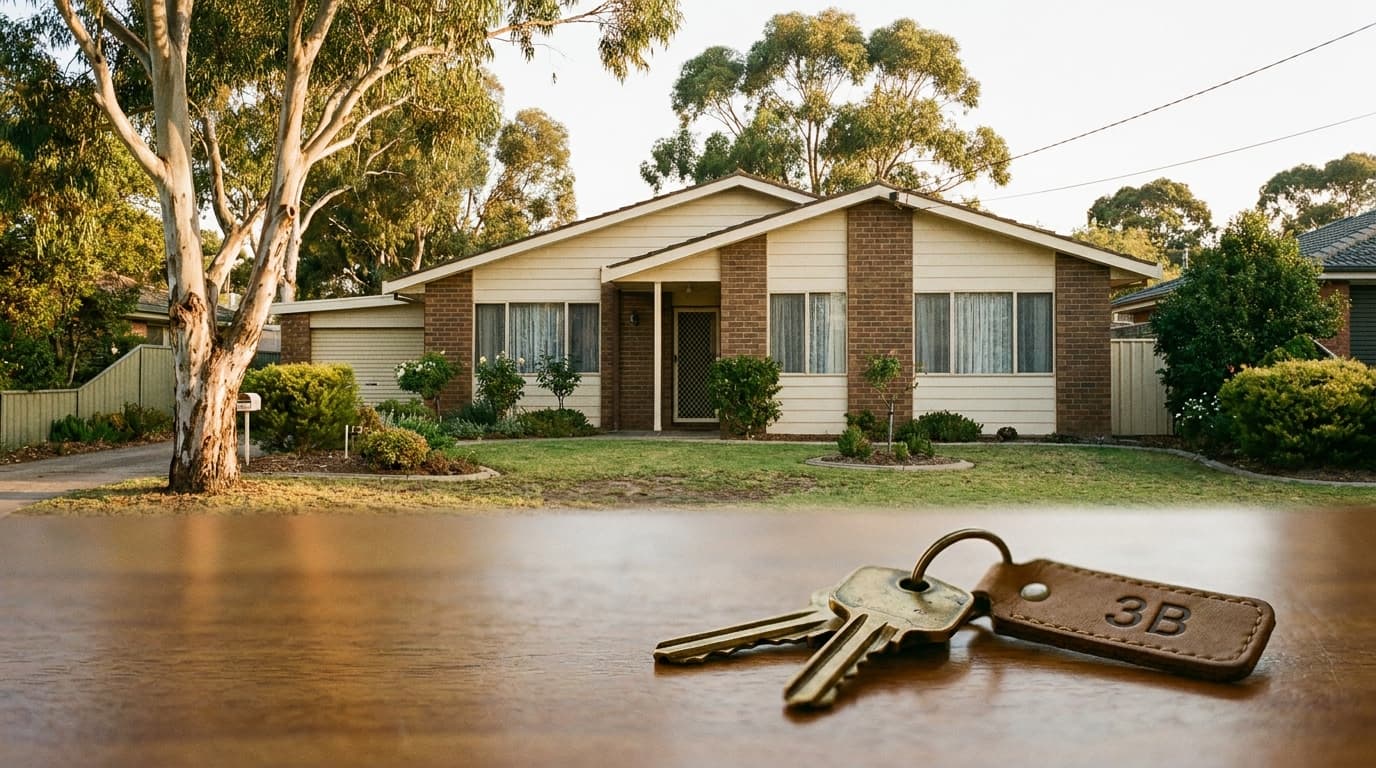 Modest Australian suburban home at warm morning light with house keys in the foreground — evoking the property valuation step in a mortgage application