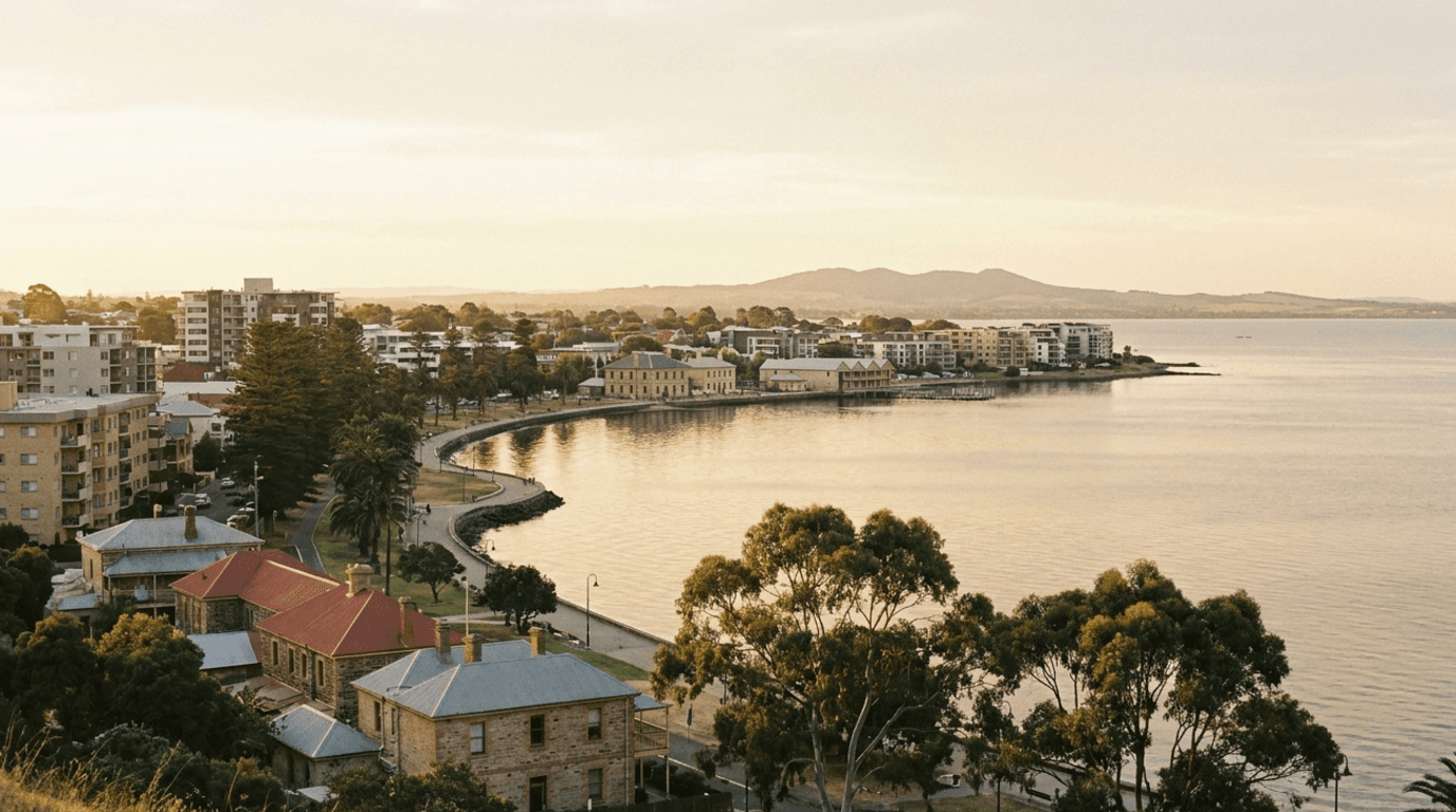 Geelong waterfront on Corio Bay at golden hour, period sandstone buildings and low apartments curving around the foreshore