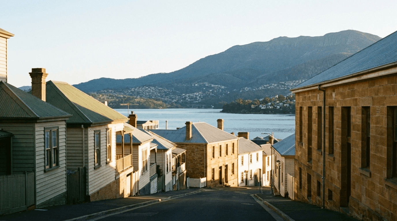 Battery Point sandstone and weatherboard cottages stepping down a Hobart street toward the Derwent, kunanyi rising behind at golden hour