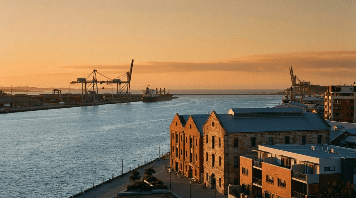 Newcastle harbour foreshore at golden hour — converted brick and sandstone warehouses on the promenade with the working port cranes beyond