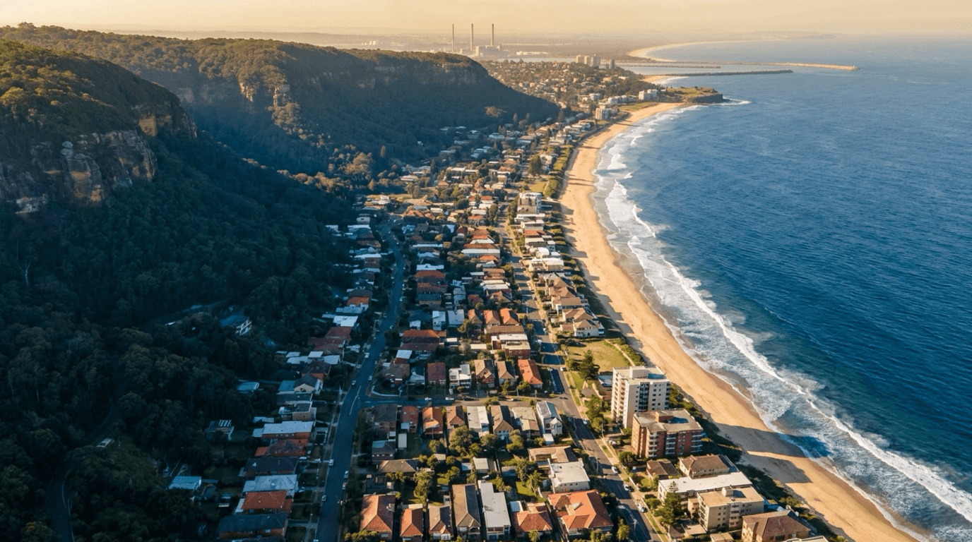 Elevated golden-hour view along the Illawarra coast — forested escarpment cliffs on the left, a narrow strip of housing, surf beach and ocean on the right, Port Kembla in the far distance