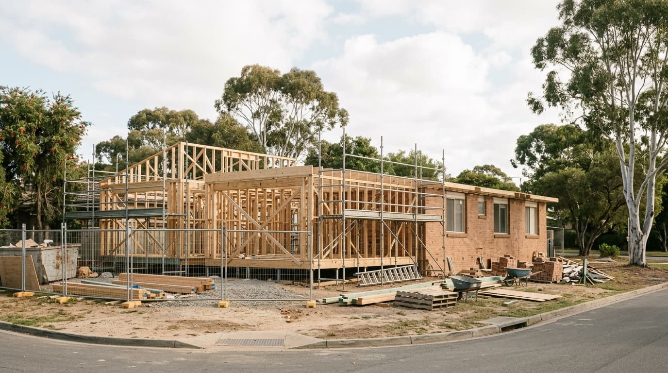 Australian house being rebuilt with timber framing and scaffolding — replacement cost vs market value