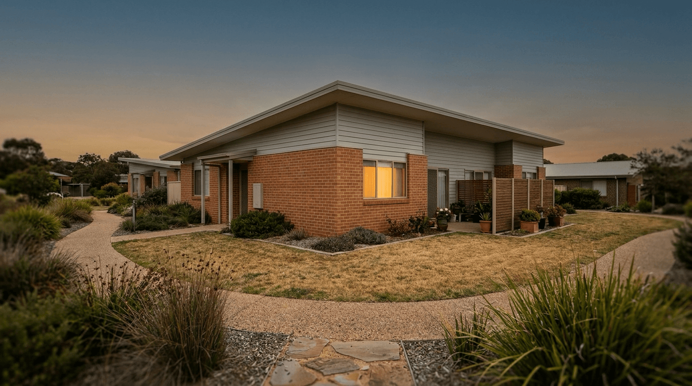 A low-rise Australian retirement village unit in brick and weatherboard at dusk, one window lit, native grasses along a landscaped path