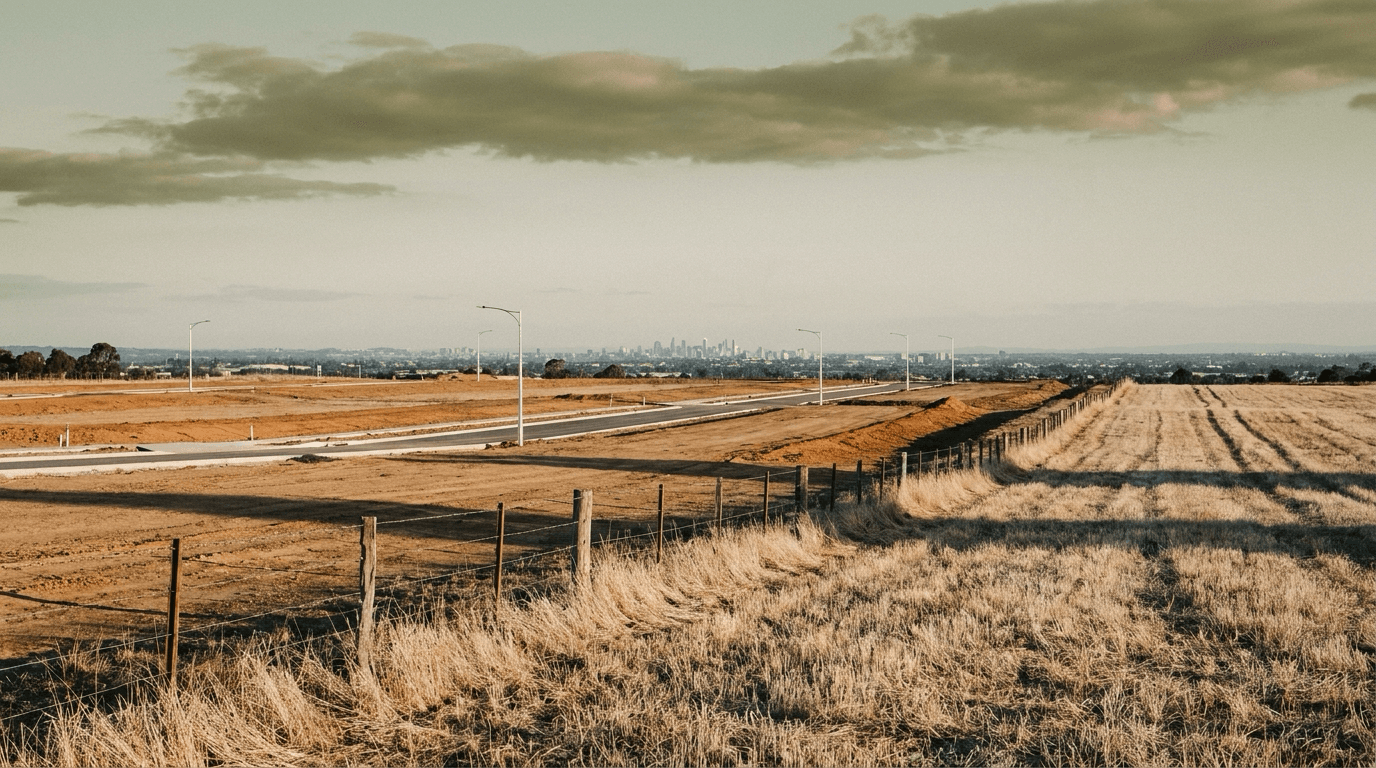 The edge of an Australian city where a stubble paddock meets a graded subdivision pad with fresh kerbs and street lighting, city skyline on the horizon