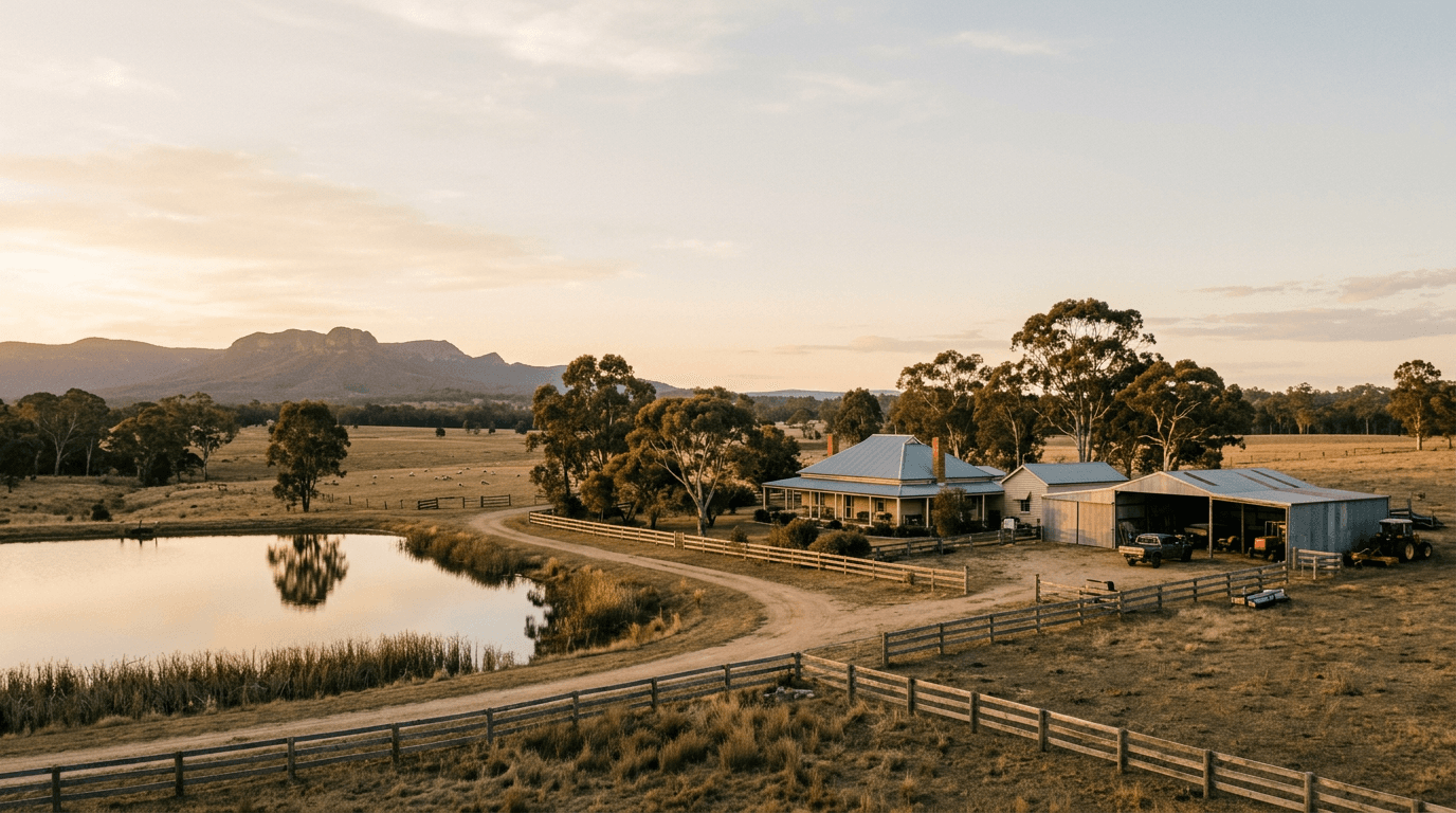 An Australian rural property at golden hour — homestead, shedding, a farm dam, fenced paddocks and distant ranges