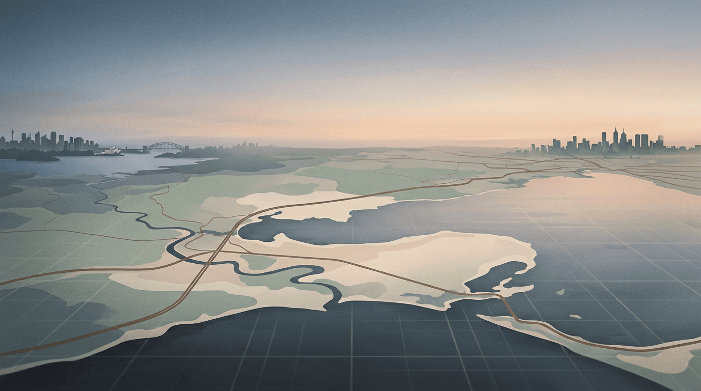 Wide editorial composition evoking cross-state property data comparison across Australia