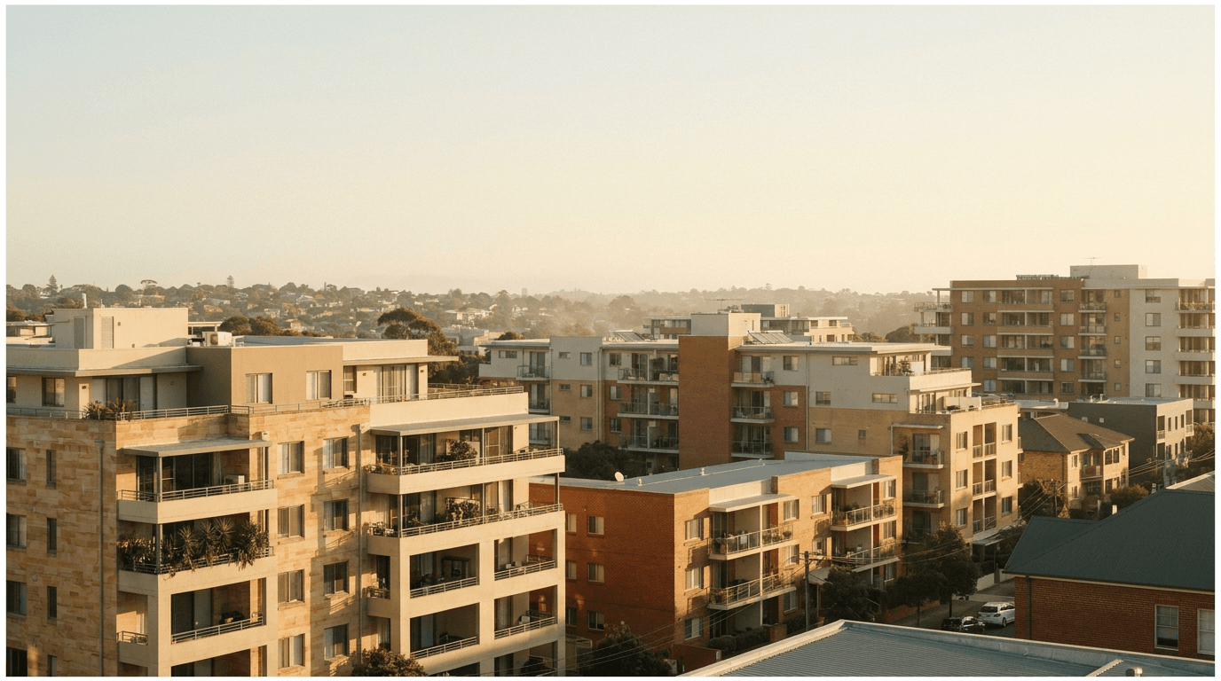 Mid-rise Australian strata apartment buildings at golden hour, layered rooftops receding to the horizon