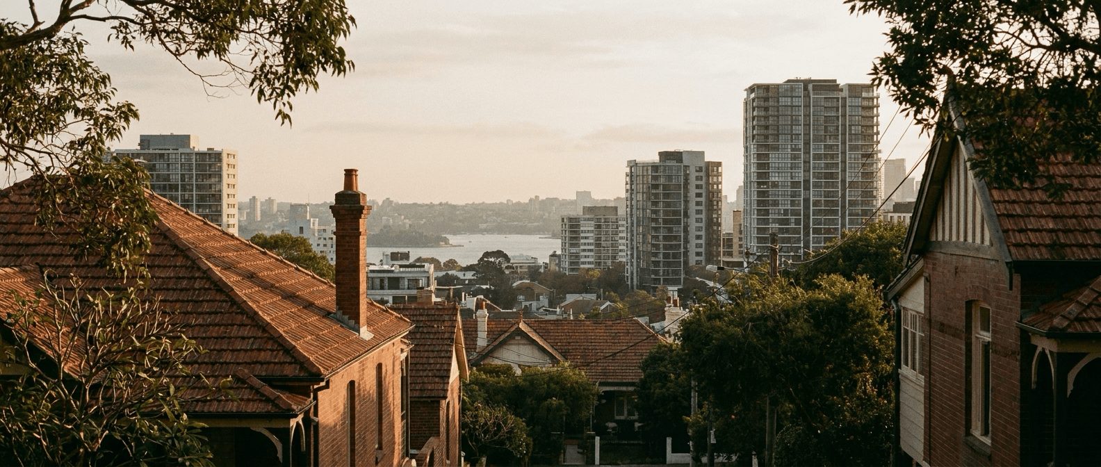 Sydney residential street at dusk, Federation-era tiled rooftops in the foreground with modern apartment towers and the harbour beyond