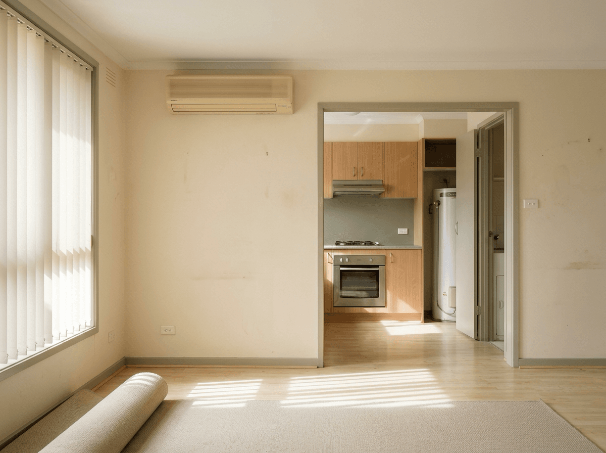 Empty Australian rental apartment in late-morning light: vertical blinds, a wall-mounted split-system air conditioner, a rolled carpet, and an oven and hot water unit in the kitchen beyond